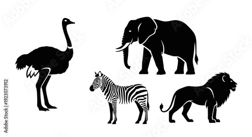 African Safari Animals Silhouettes Vector Set - Ostrich, Elephant, Zebra, Lion