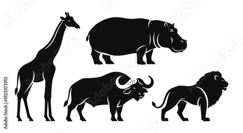 African safari animals silhouettes set. Giraffe, hippo, buffalo, and lion wildlife icons