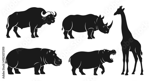 African Safari Animals Silhouettes Vector Set: Buffalo, Rhino, Hippo, Giraffe