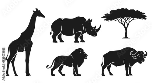 African Safari Wildlife Silhouettes with Acacia Tree