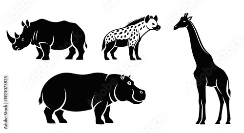 African Safari Wildlife Animals Silhouettes Set Vector Illustration