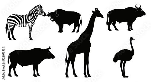 African Wildlife Animal Silhouettes Set Isolated on White Background