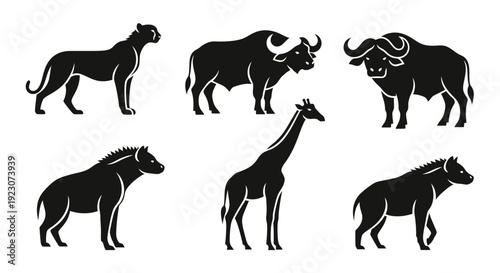 African Wildlife Animal Silhouettes Set Isolated on White Background