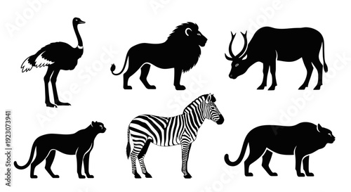 African Wild Animals Silhouettes Set: Ostrich, Lion, Zebra, Panther, Antelope, Buffalo Wildlife Icons