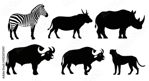 African Wild Animals Silhouettes. Safari Wildlife Vector Set on White Background