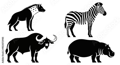 African Wildlife Silhouettes Collection - Zebra, Hyena, Hippo, Wildebeest Vector Icons