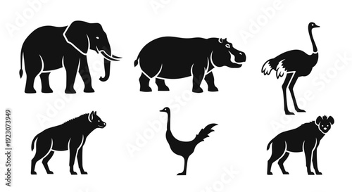 African Wildlife Silhouettes Collection: Elephant, Hippopotamus, Ostrich, Hyena Icons