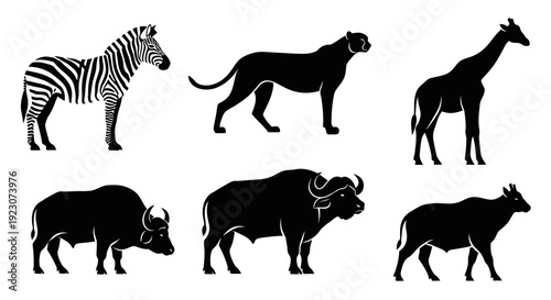 African Wildlife Silhouettes Collection: Zebra, Panther, Giraffe, Buffalo, Gaur, Antelope Icons