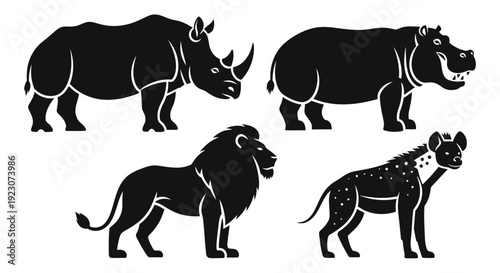African Wildlife Silhouettes: Rhino, Hippo, Lion, and Hyena Icons