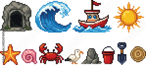 Pixel art seaside illustration featuring cave, ocean wave, boat with red flag, bright sun, starfish, seashell, crab, seagull, rock, bucket, shovel, and wooden log