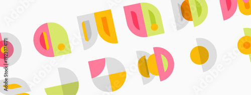 Abstract shapes repeat, creating playful pattern. Soft colors dominate design, offering modern aesthetic. Minimalist style.