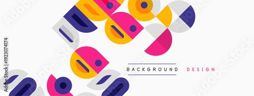 Abstract geometric shapes overlap, creating vibrant colorful background. Modern design elements suggest creativity, innovation.