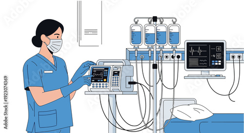 Nurse Preparing Medical Equipment in Hospital Room with IV Drip and Monitor