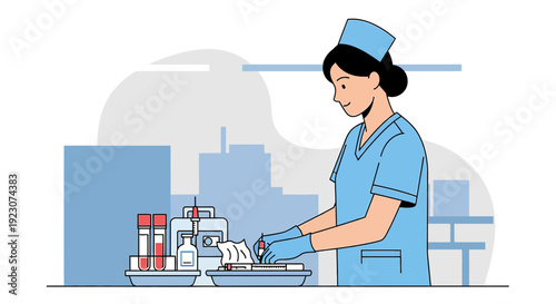 Nurse Preparing Medical Samples and Equipment in Laboratory Setting