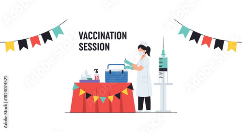 Nurse Preparing Vaccination, Medical Supplies, Syringe and Bunting Flags