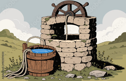 Medieval wooden bucket filled with water beside ancient stone well rustic historical setting soft natural light detailed textures