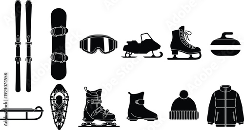 Black silhouette winter sports equipment icons featuring skis, snowboard, goggles, snowmobile, ice skate, curling stone, sled, snowshoe, boots, hat, and jacket for recreation and design
