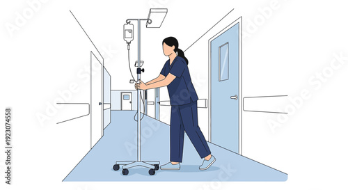 Nurse Pushing IV Drip Stand Down Hospital Corridor