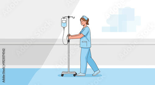 Nurse Pushing IV Drip Stand in Hospital Corridor - Medical Care Illustration
