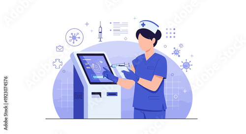 Nurse Using Digital Health Kiosk for Patient Check-in and Medical Information
