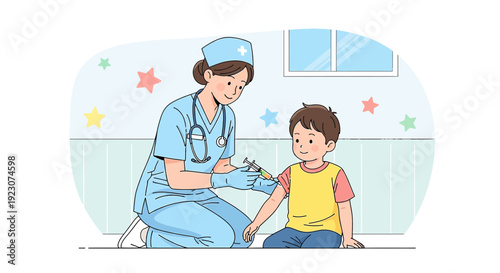 Nurse Vaccinating Child Patient in Clinic - Medical Care and Healthcare Illustration