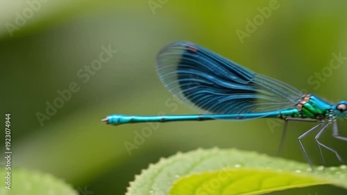 Jewel-Toned Dragonfly on Leaf: A mesmerizing dragonfly, its body adorned in a striking jewel-toned hue, delicately perches on a vibrant green leaf, captured in exquisite detail.