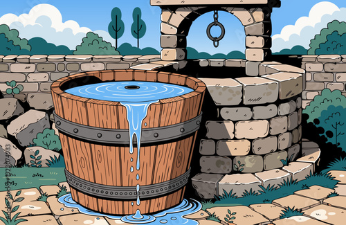Medieval wooden bucket filled with water beside ancient stone well rustic historical setting soft natural light detailed textures