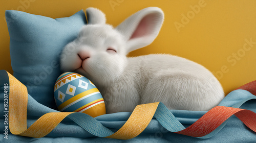 A little white rabbit sleeps in its bed with a decorated Easter egg.