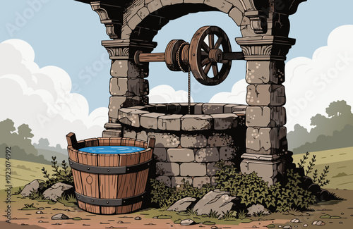 Medieval wooden bucket filled with water beside ancient stone well rustic historical setting soft natural light detailed textures