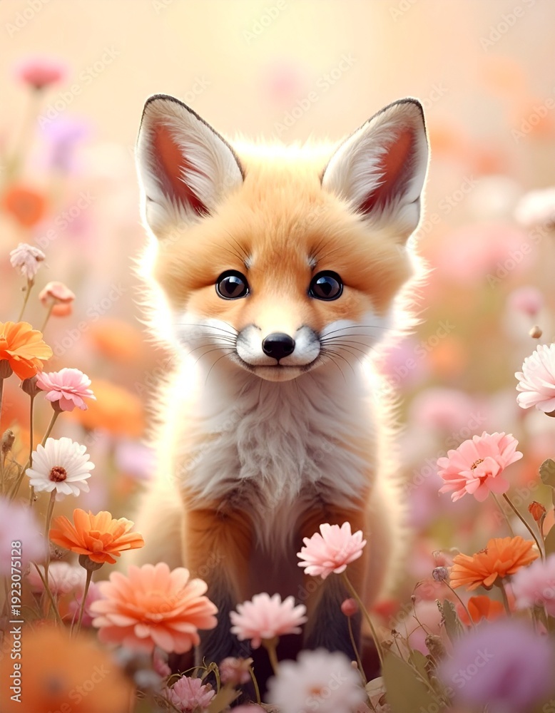 Fototapeta premium Baby-Fuchs in zartem Blütenmeer