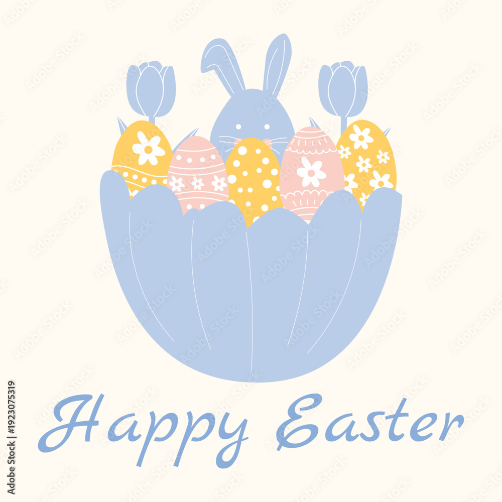Fototapeta premium Easter holiday banner and greeting poster with bunny basket of eggs and spring flowers pastel flat vector illustration