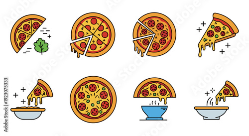 A set of eight cartoon pizza icons with various toppings and serving styles