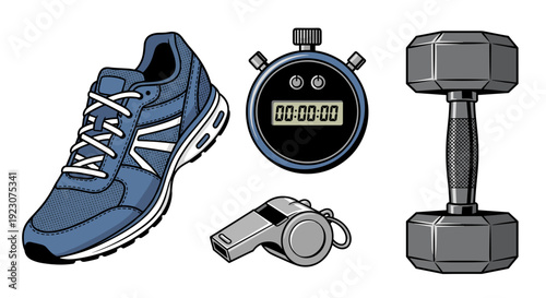 Running shoe with stopwatch, dumbbell, and whistle for fitness training