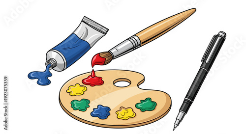 Colorful artists palette with paintbrush and pen