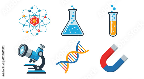 Colorful science icons including atom, beaker, test tube, microscope, dna, and magnet