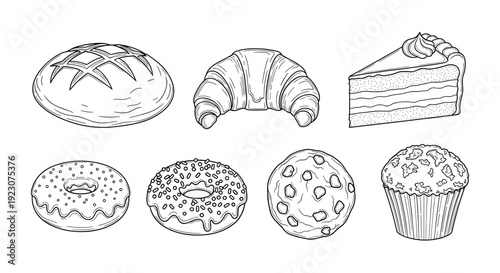 A variety of sweet baked goods including bread and pastries