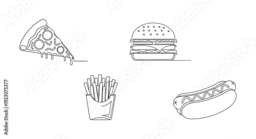 A set of fast food icons including pizza burger hot dog and fries