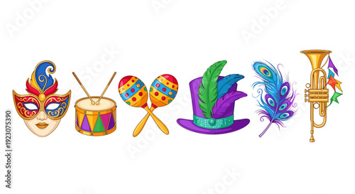 Mardi gras colorful icons including mask, drum, maracas, hat, feather, and trumpet