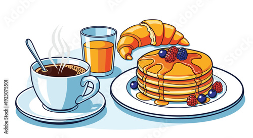 Delicious breakfast with pancakes, croissant, coffee, and orange juice on a plate