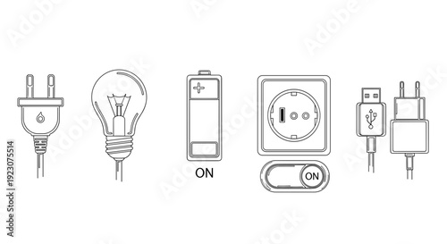 Black and white line drawing of various electronic devices and plugs