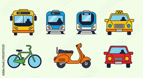 Colorful icons of various vehicles on light green background