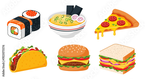 Assorted fast food items including sushi, pizza, taco, burger, and sandwich