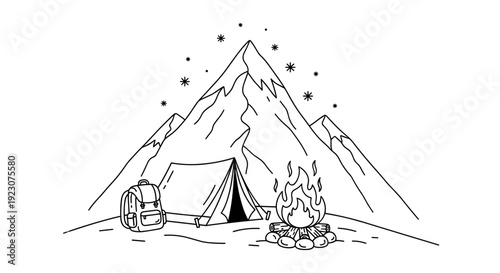 Camping scene with tent and campfire under starry night sky mountains
