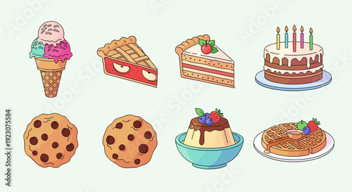 Colorful assortment of sweet desserts and treats on light background