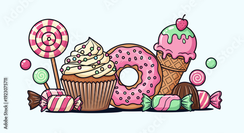 Colorful sweets and desserts including cupcake donut ice cream