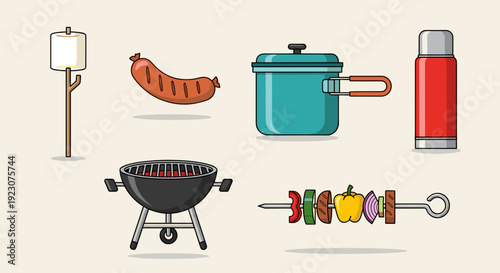 Colorful picnic and barbecue icons on a beige background