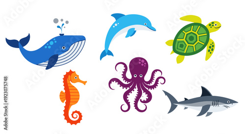 Colorful ocean animals including whale dolphin turtle seahorse octopus shark