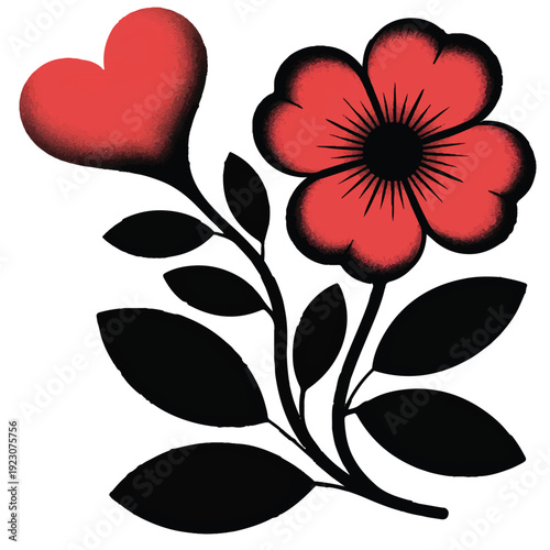 Artistic flower composition showing red petals and heart shaped blossom with curved black stems and lush leaves on transparent background for creative posters and wedding stationary kits