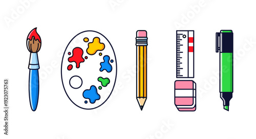 Colorful school supplies for art and education