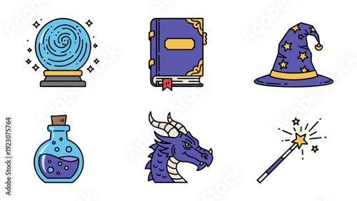 Collection of magical icons including a crystal ball, spell book, and wizard hat